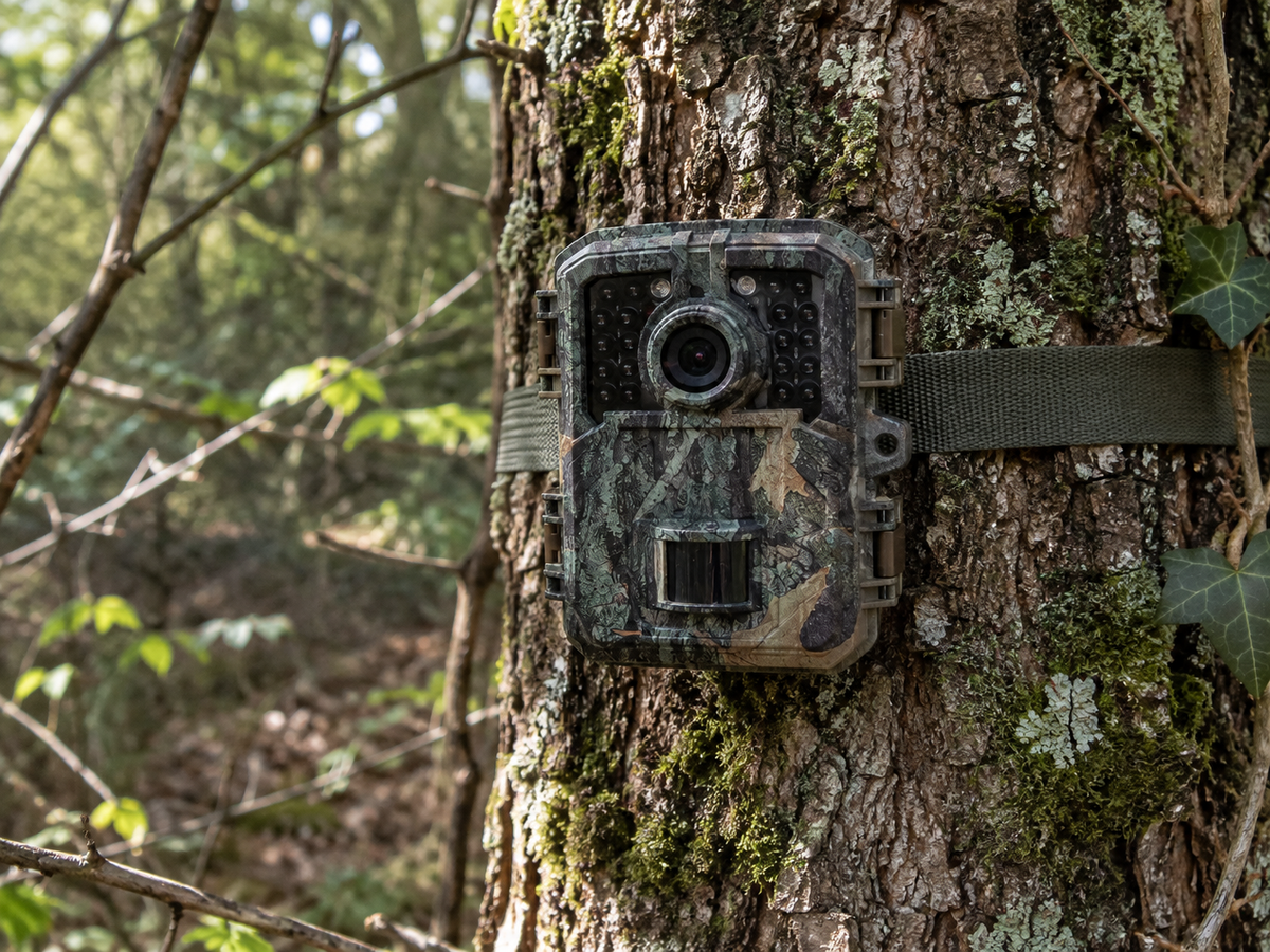 Caméra Hunter Mini 1080p sanglée sur un tronc couvert de lichen, objectif et LED infrarouges face au sentier