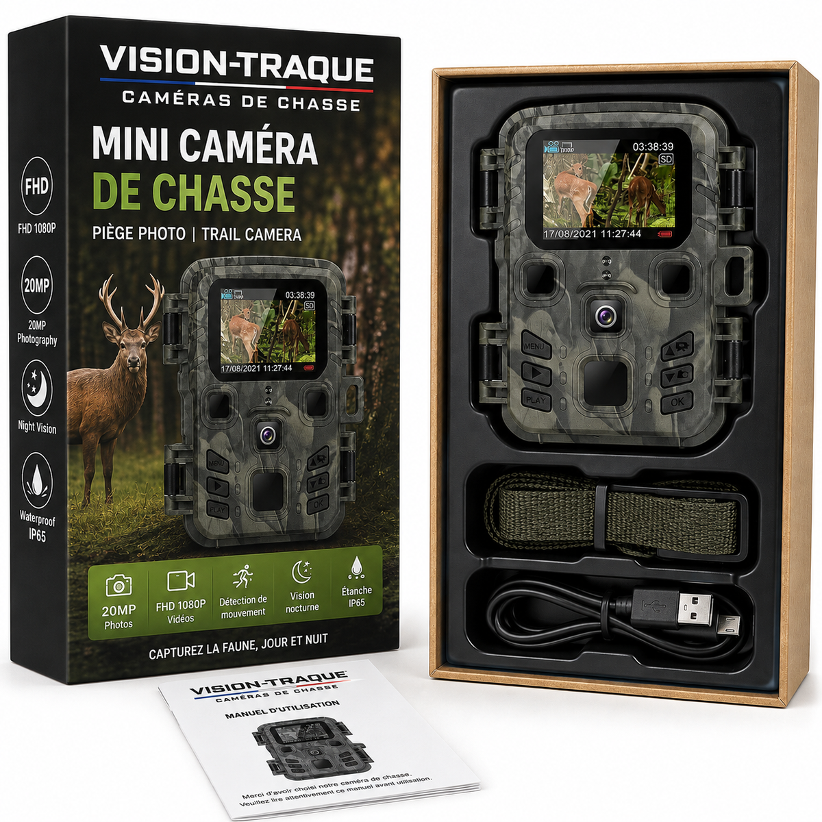 Coffret Vision Traque Hunter Mini Pro ouvert avec la caméra, la sangle de fixation, le câble USB et le manuel