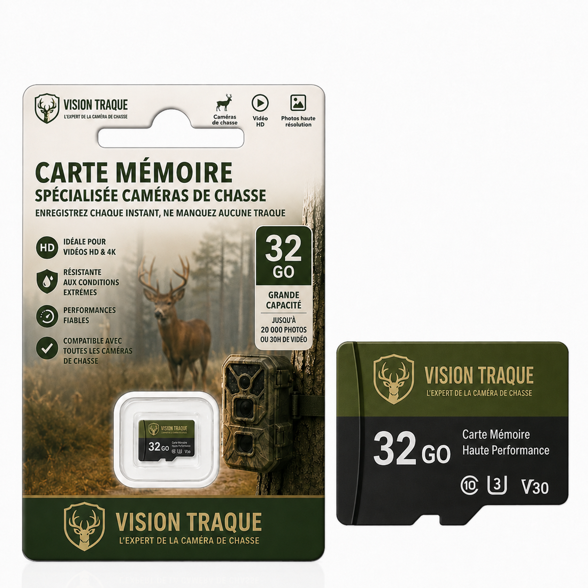 Blister de la carte mémoire 32 Go Vision Traque pour caméra de chasse, présenté à côté de la carte microSD