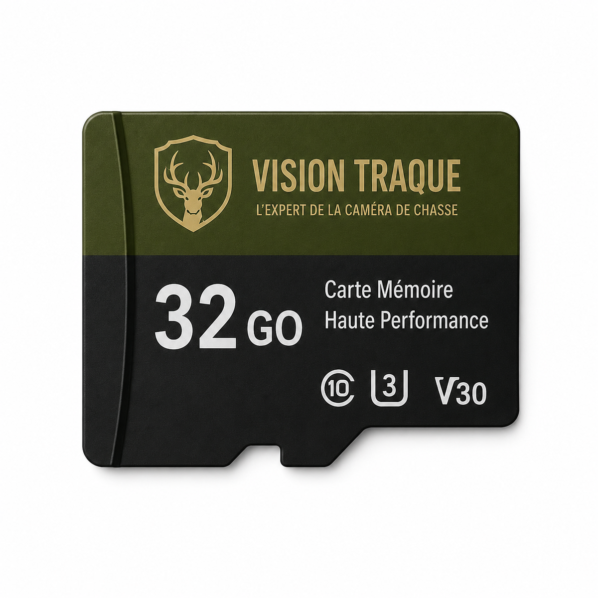 Carte microSD Vision Traque 32 Go classe 10 U3 V30 sur fond blanc, logo cerf sur la bande verte