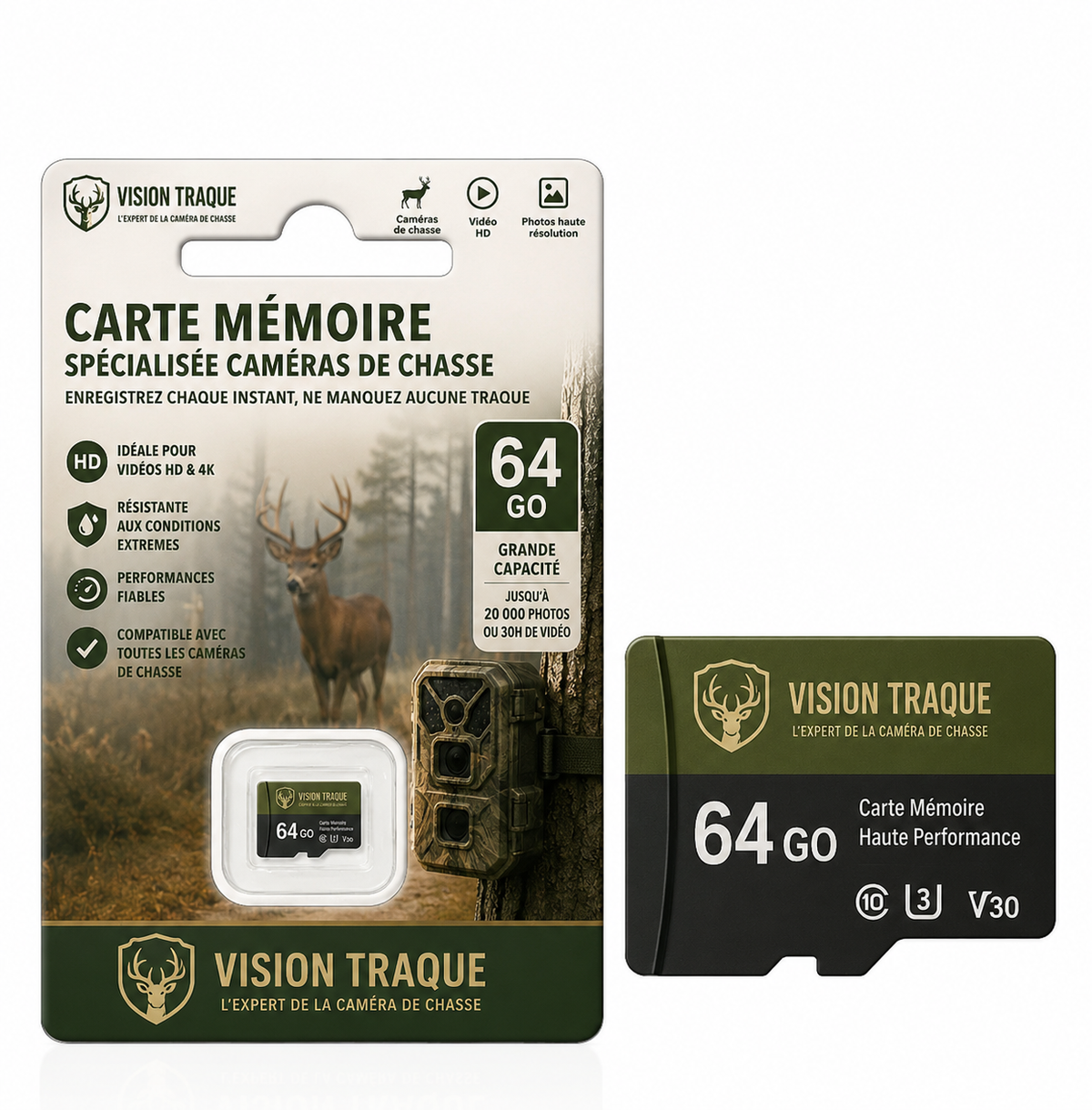 Blister de la carte mémoire 64 Go Vision Traque pour caméra de chasse, présenté à côté de la carte microSD