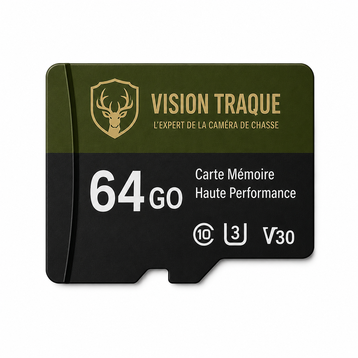 Carte microSD Vision Traque 64 Go classe 10 U3 V30 sur fond blanc, logo cerf sur la bande verte