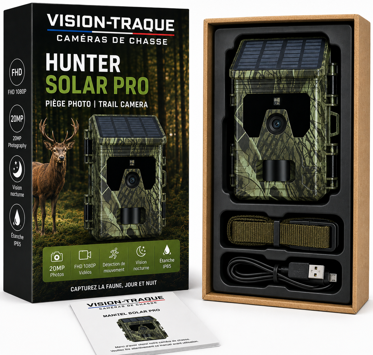 Coffret Vision Traque Hunter Solar Pro avec la caméra solaire, la sangle, le câble USB et le manuel