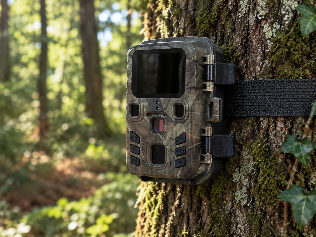 Caméra de chasse Hunter Mini Pro sanglée sur un tronc moussu dans un sous bois ensoleillé