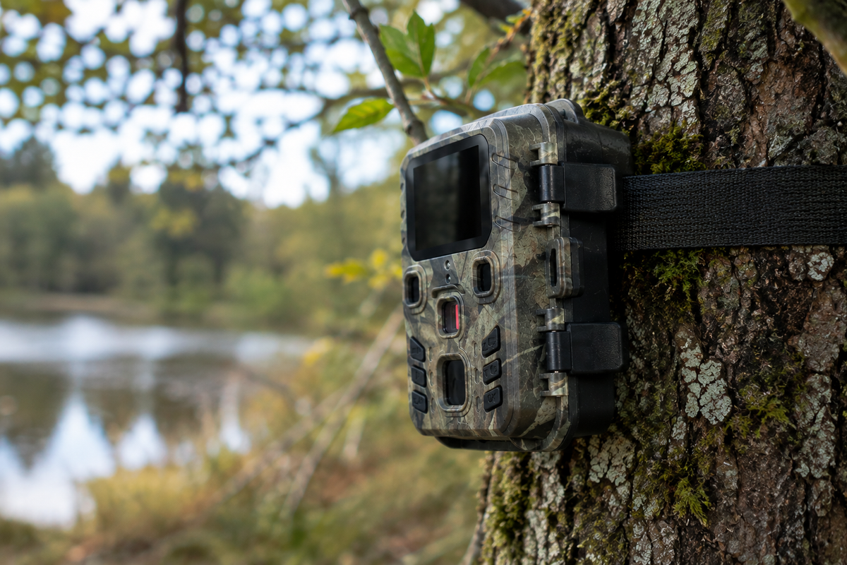 Hunter Mini Pro sanglé sur un chêne au bord d'un étang, camouflage fondu dans l'écorce