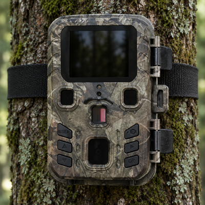 Face avant du Hunter Mini Pro sanglé sur un pin, écran de contrôle, capteur de mouvement et objectif visibles