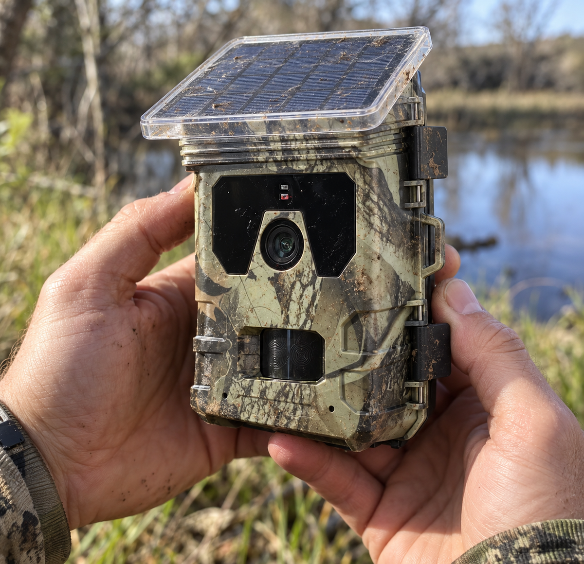Hunter Solar Pro tenue à deux mains devant un marais, boîtier camouflage et panneau solaire vus de face