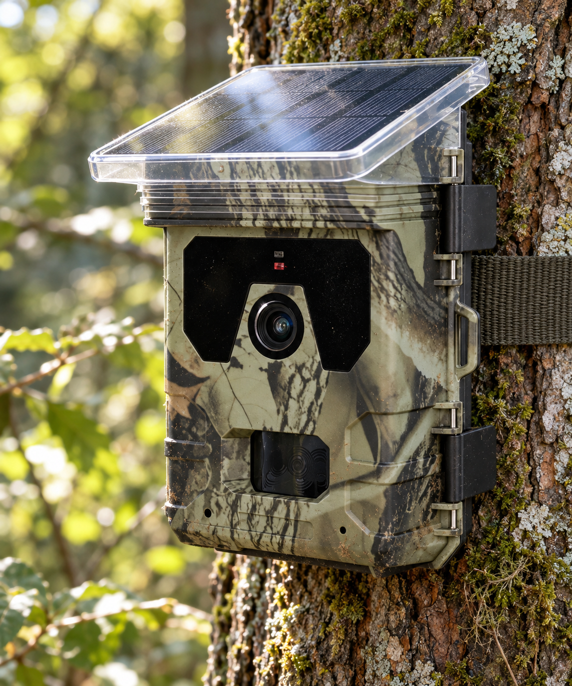 Caméra solaire Hunter Solar Pro sanglée sur un tronc, panneau photovoltaïque incliné captant la lumière du sous bois