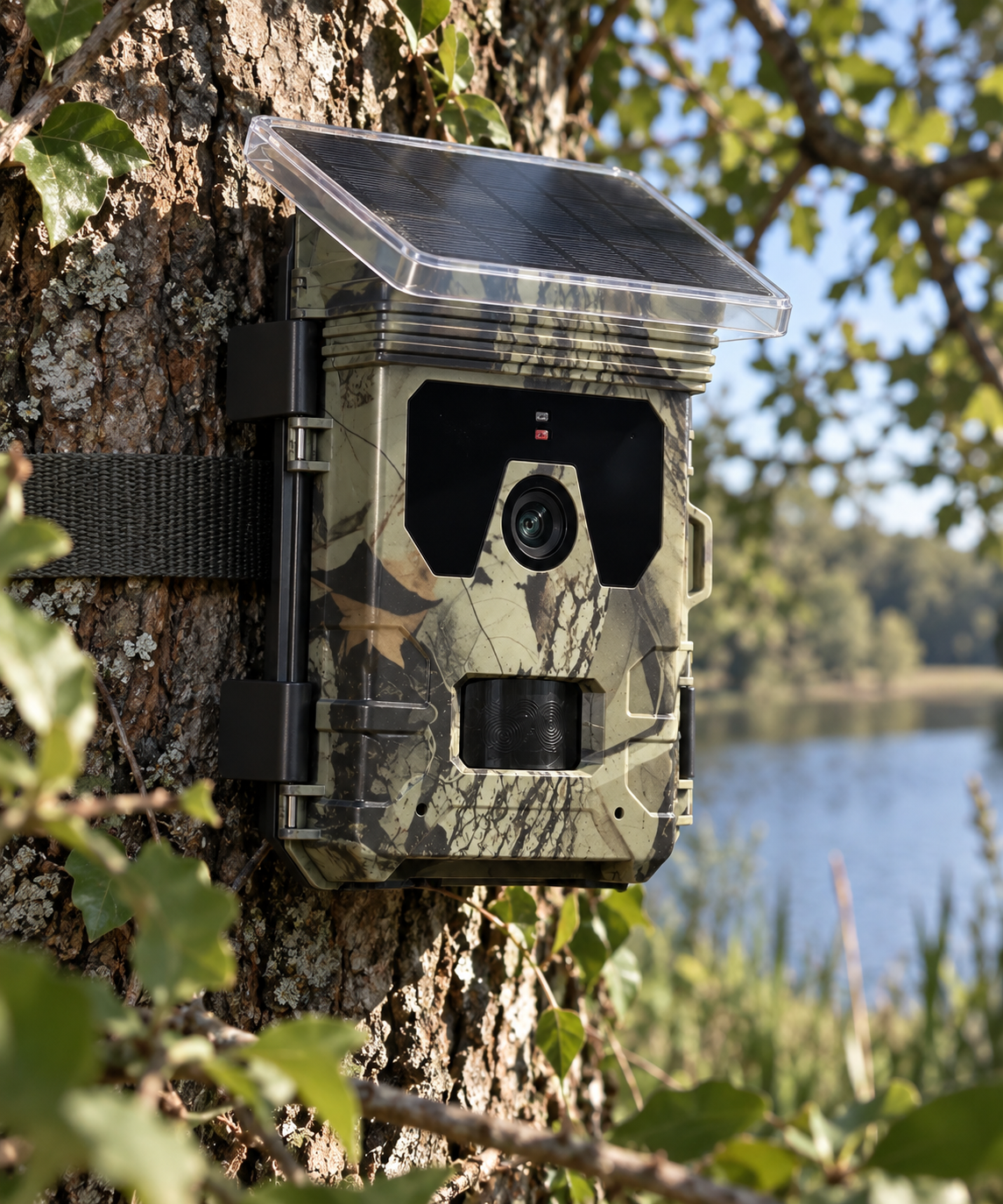 Hunter Solar Pro fixée sur un chêne au bord d'un plan d'eau, panneau solaire et objectif orientés vers la berge