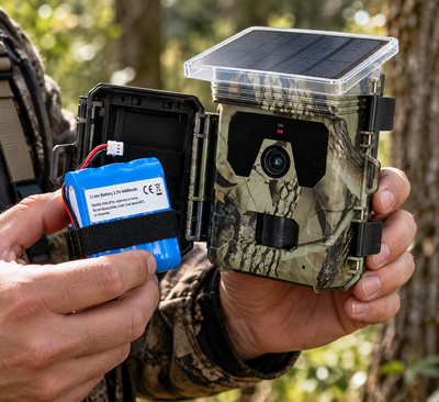 Batterie lithium 4400 mAh retirée du compartiment du Hunter Solar Pro, boîtier ouvert tenu par un chasseur