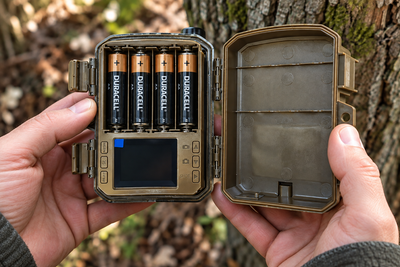 Boîtier du Hunter Mini 1080p ouvert dans les mains, quatre piles AA en place et écran de contrôle allumé