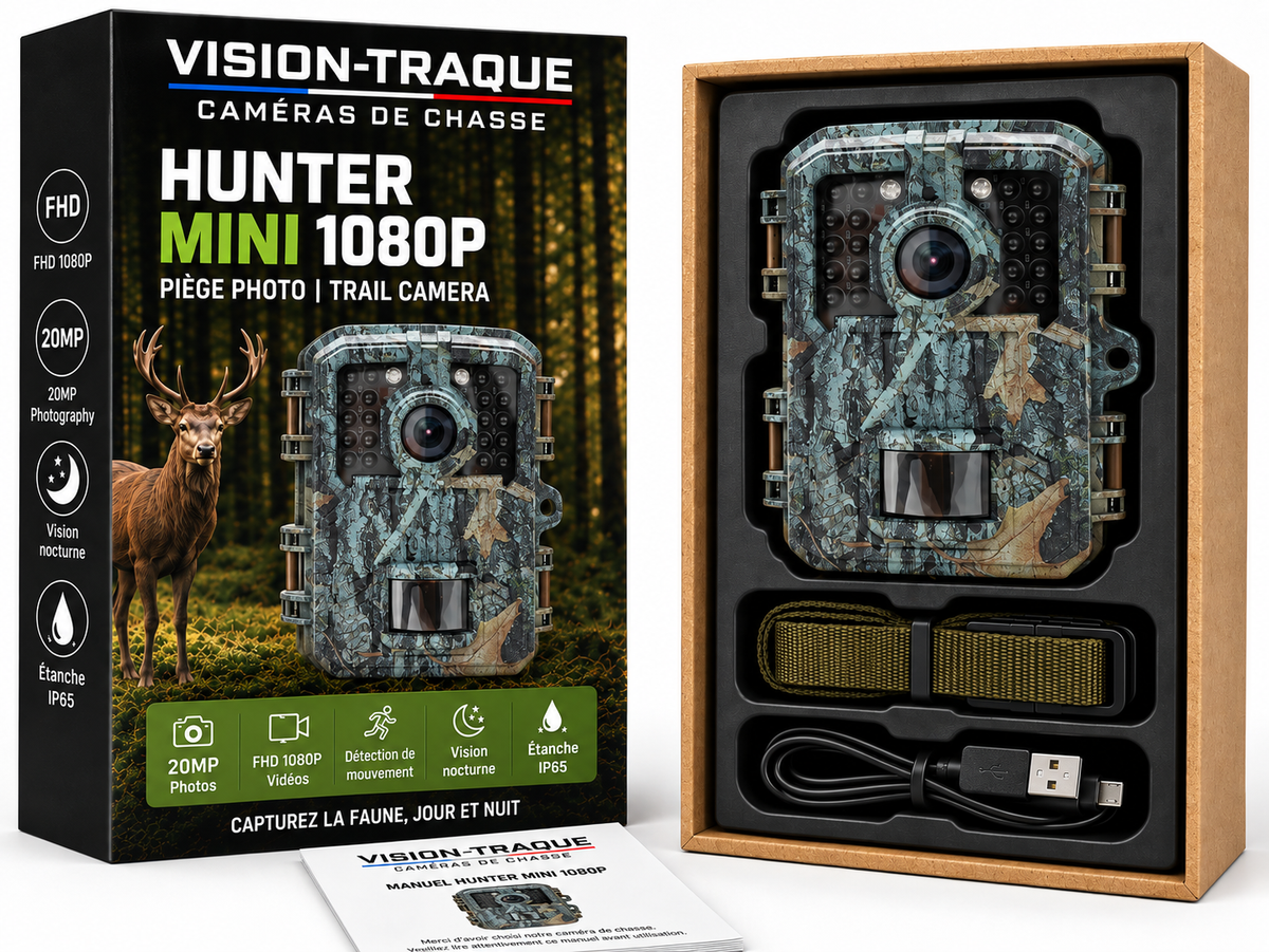 Coffret Vision Traque Hunter Mini 1080p avec la caméra, la sangle, le câble USB et le manuel d'utilisation