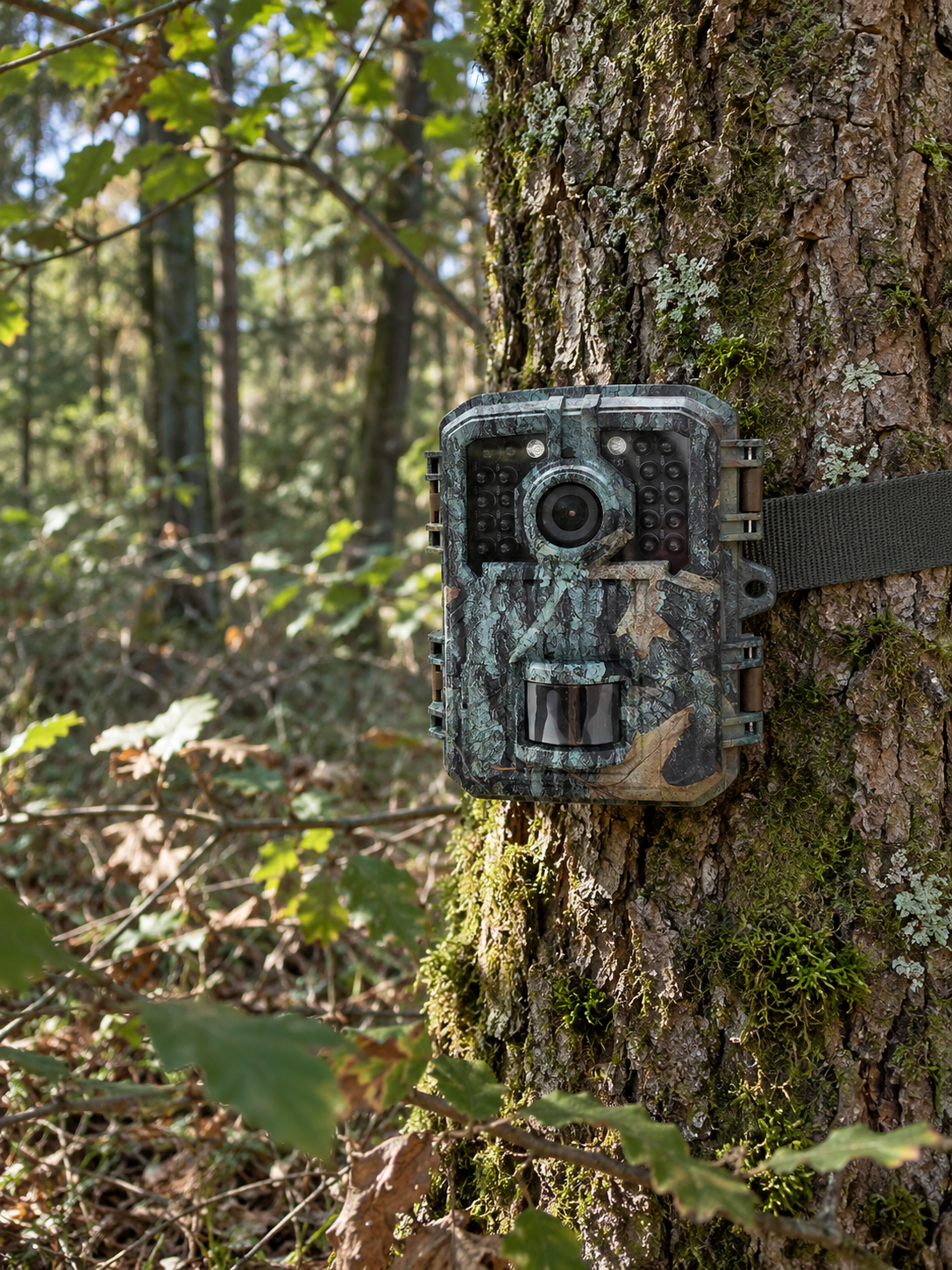 Hunter Mini 1080p installée sur un chêne en lisière de forêt, vue en contre plongée du poste de guet
