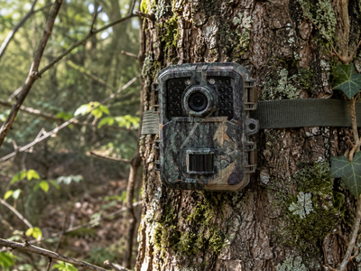 Caméra Hunter Mini 1080p sanglée sur un tronc couvert de lichen, objectif et LED infrarouges face au sentier