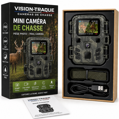 Coffret Vision Traque Hunter Mini Pro ouvert avec la caméra, la sangle de fixation, le câble USB et le manuel