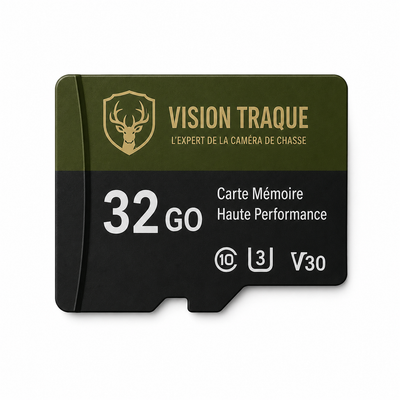 Carte microSD Vision Traque 32 Go classe 10 U3 V30 sur fond blanc, logo cerf sur la bande verte